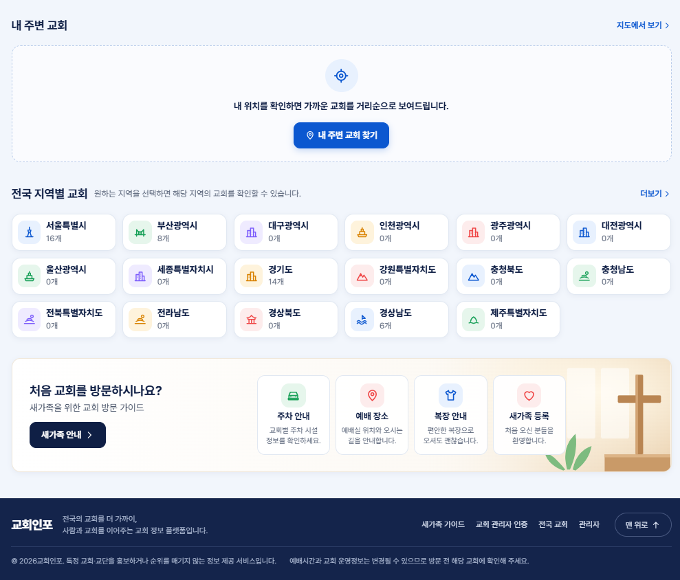 교회인포 (ChurchInfo): 전국 교회 정보 통합 검색 반응형 웹앱 PC 화면 